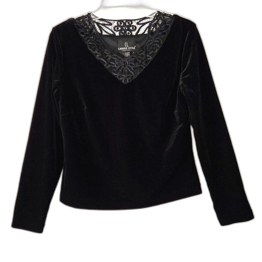 CAROLE LITTLE Neckline Lace Trim Beaded Velvet Long Sleeve Top Size 6 NWT